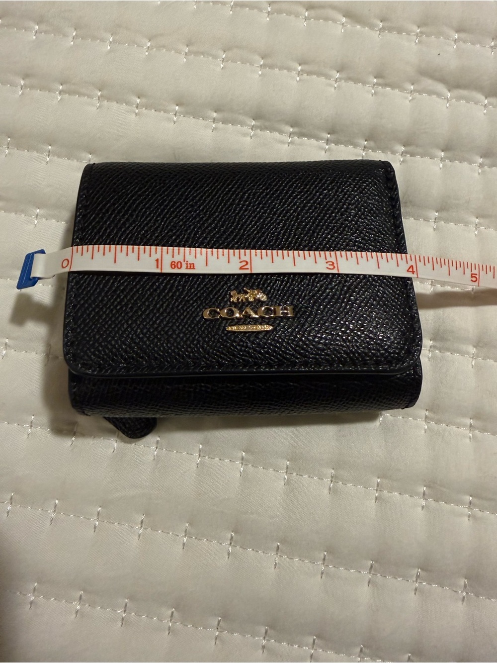 Coach Black Pebbled Leather Tri-Fold Wallet with Gold Logo